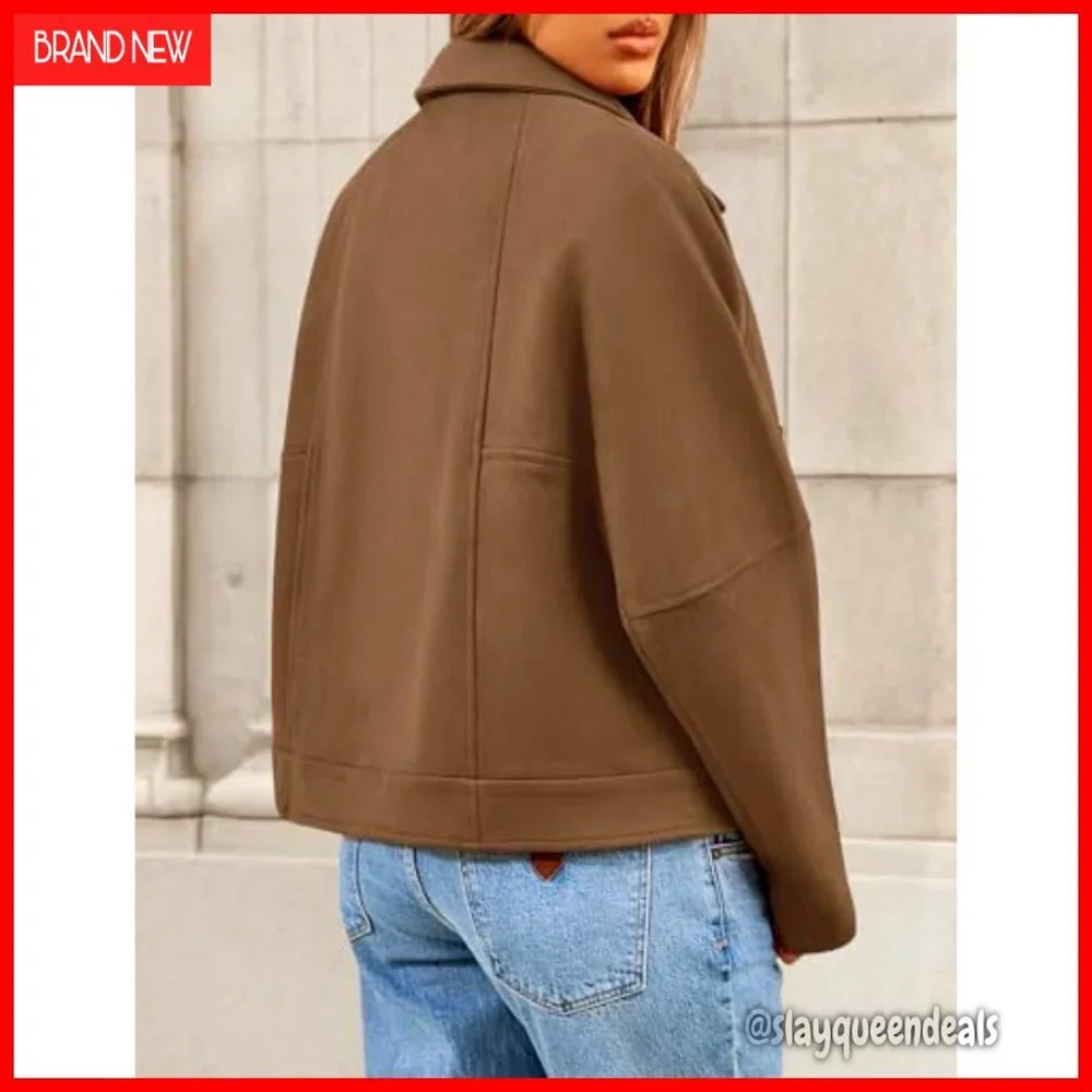 Faux Suede Cropped Jacket Casual Button Down Vintage Shacket - Picture 5 of 6